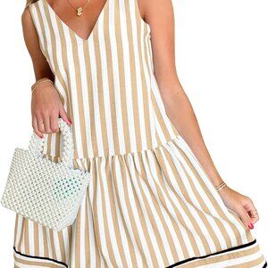 Women’s Striped Summer Sleeveless Dress V-Neck Flowy Ruffle Casual